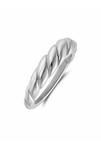 Verzilverd, gevlochten ring met een gladde, gepolijste textuur en ronde randen, met een doorlopende, gedraaide vormgeving.