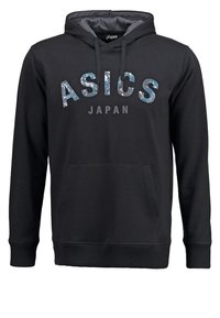 Sweat à capuche noir avec poche kangourou à l’avant, cordons et "ASICS" en imprimé camouflage bleu au-dessus du texte "JAPAN".