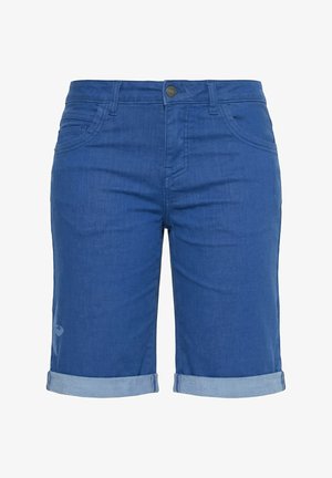 Pantaloncini in denim blu con risvolti, chiusura frontale con bottoni, passanti per cintura e tasche frontali visibili.