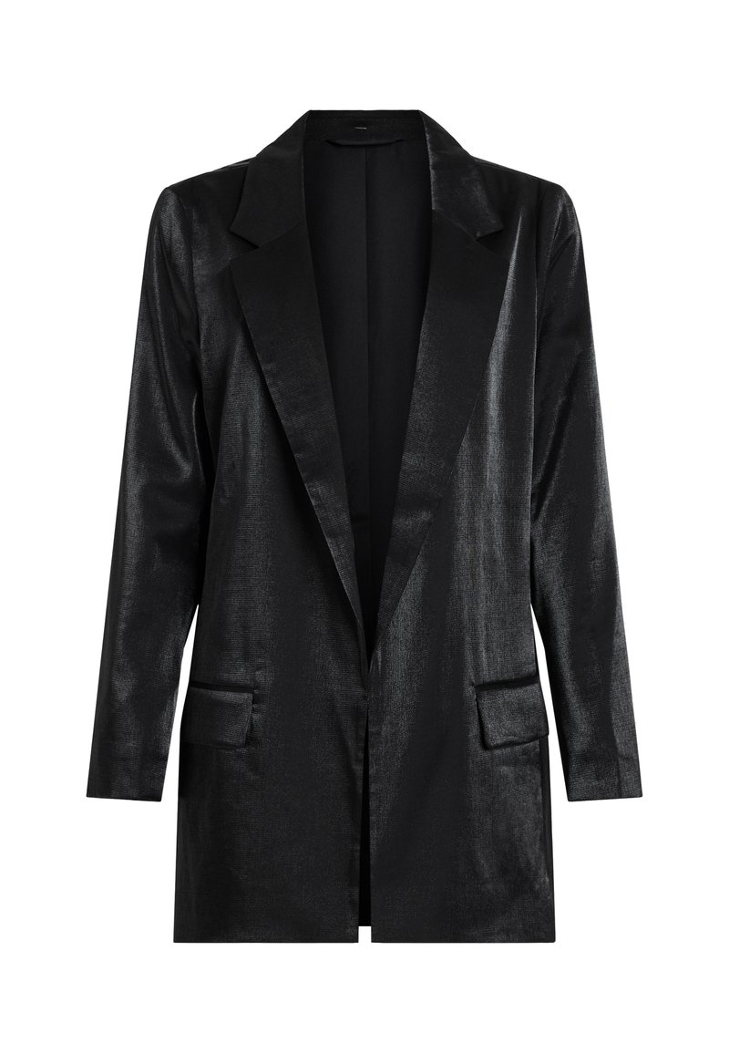 Schwarze Blazer aus glänzendem Stoff mit Reverskragen, langen Ärmeln, offenem Vorderteil und zwei Fronttaschen. Glatte Textur und taillierte Passform.