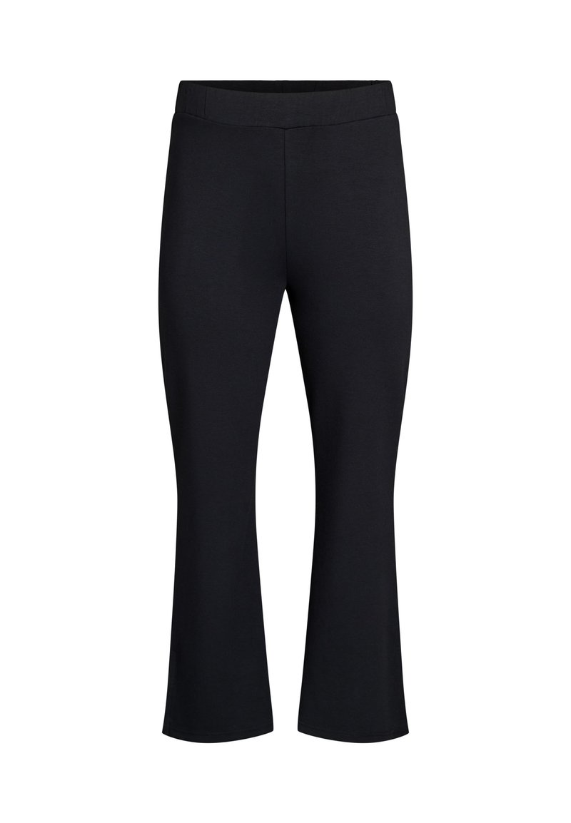 Schwarze, dehnbare, kurze Hose mit breitem Bund, ausgestellt am Saum und mit glatter Textur, entworfen für Komfort und Bewegungsfreiheit.