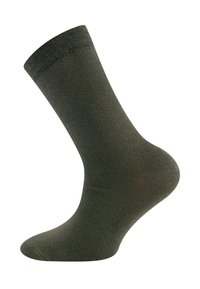 Chaussette en coton vert avec un bord côtelé, texture lisse et partie talon et orteil structurée, conçue pour le confort et la durabilité.