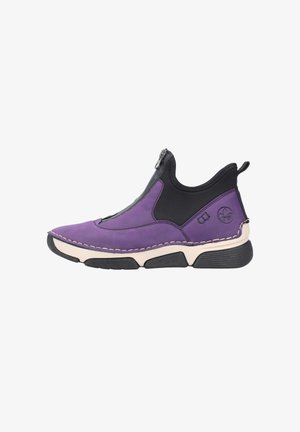 Purple and black slip-on shoe with a zip closure, featuring a textured upper, contrasting stitching, and a thick, black rubber sole.