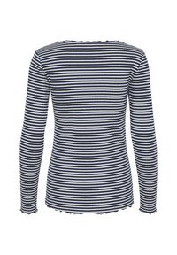 Zebra in morski in bel dolg rokav z ustrezno obliko, rebrasto teksturo in valovitim robom. Ima okroglo izrezane in vitke rokave.