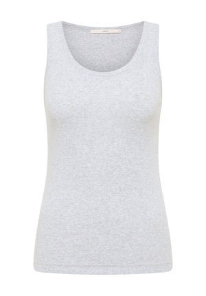 Hellgraues ärmelloses Tanktop mit Rundhalsausschnitt, aus weichem, einfarbigem Stoff, flach auf weißem Hintergrund dargestellt.