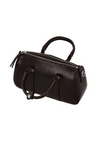 Braune Lederhandtasche mit zwei Griffen, einem Reißverschluss und silbernen Beschlägen. Verfügt über eine rechteckige Form mit glatter Textur.