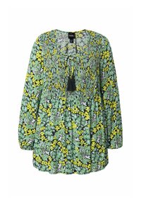 Blusa floreale a maniche lunghe in verde, giallo e nero. Presenta un corpetto arricciato e un fiocco al collo con una nappina decorativa.