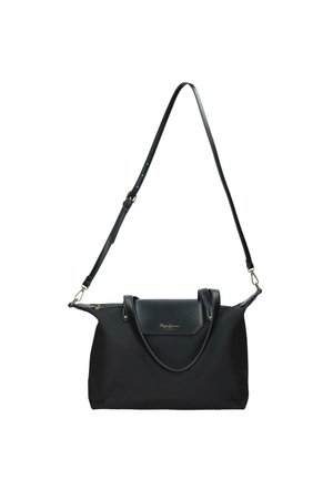 Bolso de hombro rectangular negro con una larga correa ajustable, dos asas cortas y una pequeña solapa con logo dorado en la parte frontal.