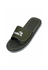 Zielona klapek na plażę z teksturowaną wkładką, regulowanym paskiem i białym logo. Posiada czarną podeszwę z rowkowanym brzegiem dla lepszej przyczepności.