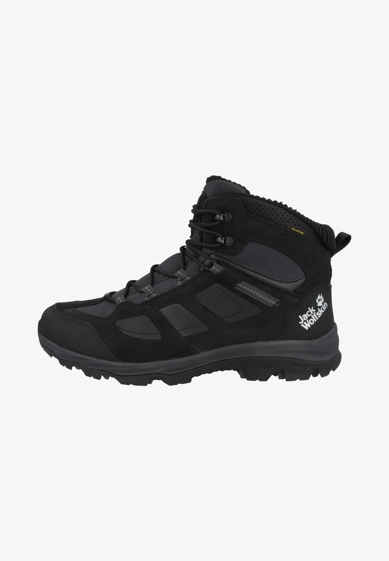 Schwarze Wanderschuhe aus Wildleder und Mesh-Material mit einem hohen Knöchel-Design, verstärkter Zehenkappe und einer strukturierten Gummisohle für besseren Halt.
