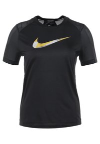 Czarna koszulka do biegania Nike z krótkim rękawem i siateczkowymi bocznymi panelami; z wyróżniającym się złotym i srebrnym logo Nike z przodu.