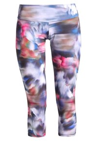Leggings Capri en un patrón abstracto multicolor. Confeccionados en material elástico y con una cinturilla ancha y suave. La textura parece suave y brillante.