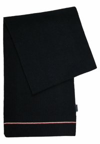 Écharpe en tricot noir à côtes avec un bord replié et une rayure décorative rouge et blanche en bas. Texture douce et forme rectangulaire.