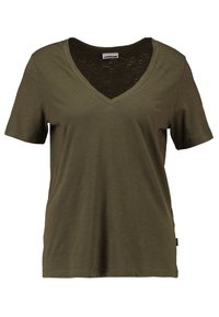 Olivově zelené tričko s krátkým rukávem a výstřihem do V vyrobené z měkké tkaniny, s volným střihem a jemným texturovaným detailem kolem výstřihu.