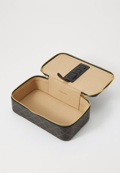 Brown patterned case with a zipper, tan interior, and a black strap closure. Features a rectangular shape and smooth texture.