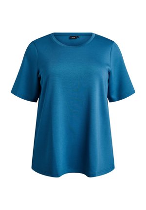 Maglietta blu a maniche corte in tessuto liscio con scollo rotondo e vestibilità morbida; presenta un orlo dritto e cuciture minime.