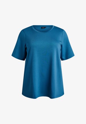 Blå t-shirt med korta ärmar, tillverkad av slät tyg med rund halsringning och ledig passform; har en rak fåll och minimala sömmar.