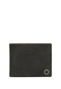 Donkergrijze leren portemonnee met een gladde textuur, rechthoekige vorm, contrasterende stiksels en een klein geperst logo in een hoek.