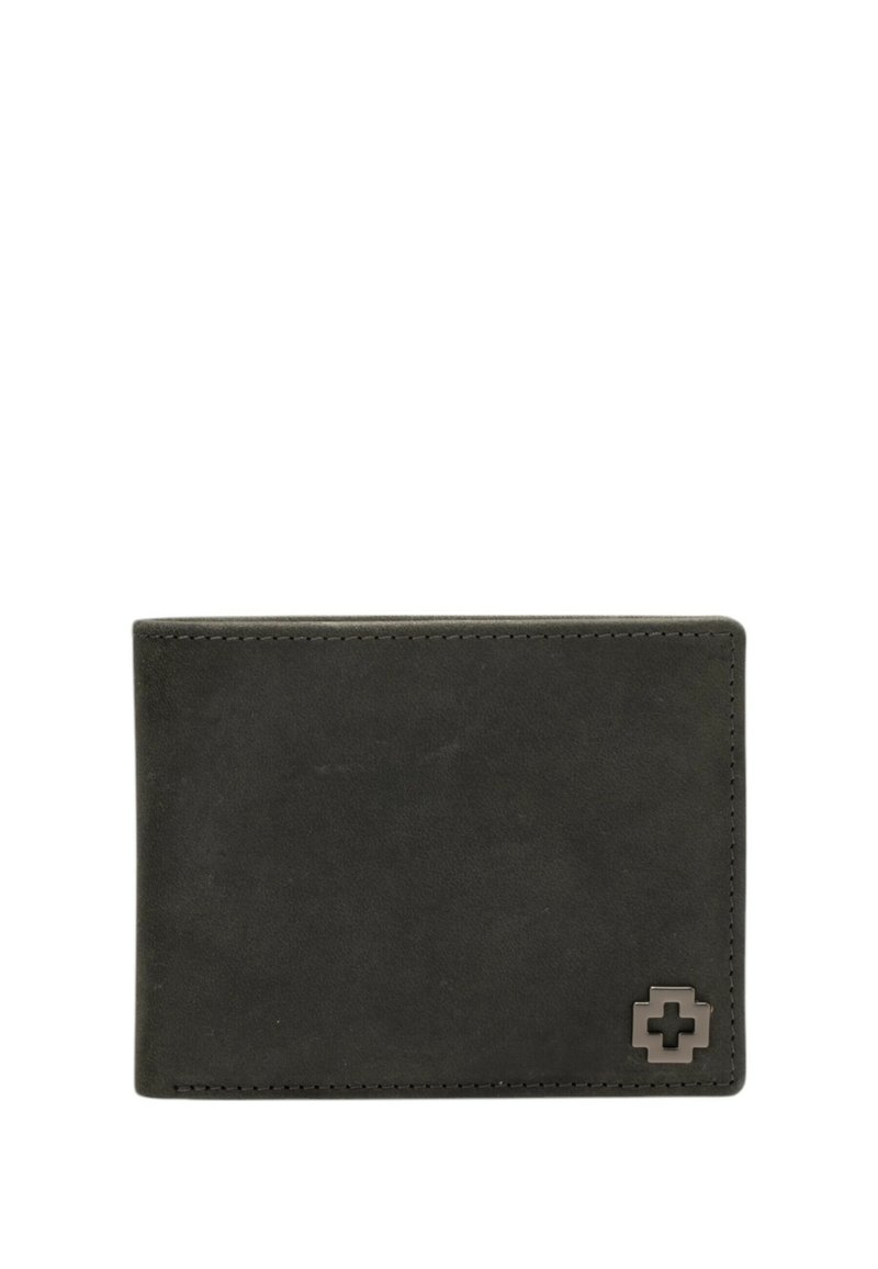 Donkergrijze leren portemonnee met een gladde textuur, rechthoekige vorm, contrasterende stiksels en een klein geperst logo in een hoek.