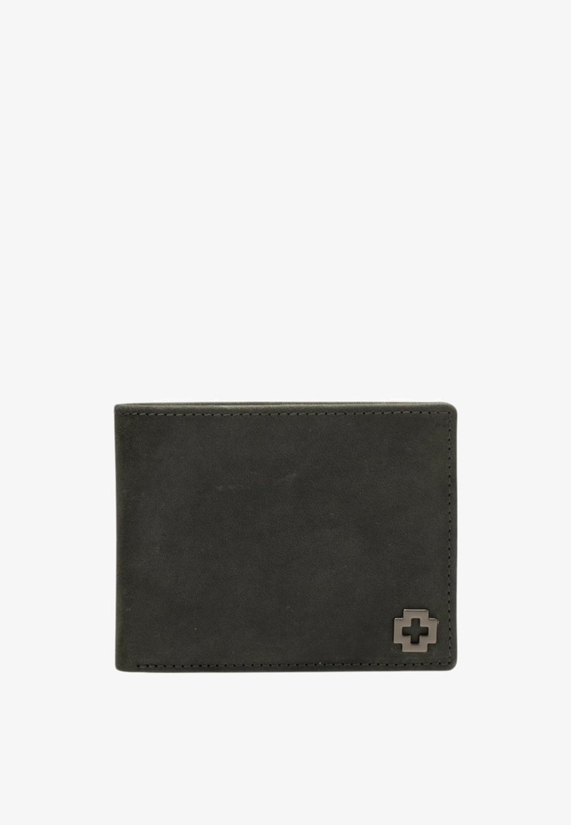 Donkergrijze leren portemonnee met een gladde textuur, rechthoekige vorm, contrasterende stiksels en een klein geperst logo in een hoek.