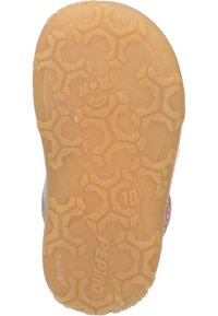 Sola di scarpa in gomma di colore beige chiaro, con motivo a fiocco di neve e nome del marchio "Pepino" impresso con la taglia "18" vicino al tallone.