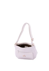 Borsa a mano in pelle bianca con una sola tracolla regolabile, chiusura con zip, tasca frontale e dettagli in metallo dorato. Texture liscia e forma arrotondata.