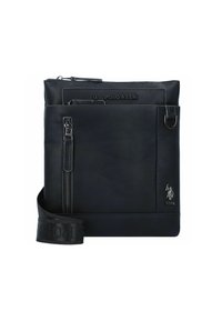 Borsa a spalla in pelle nera con finitura texturizzata, tasca frontale con zip, logo impresso e una tracolla resistente con branding.