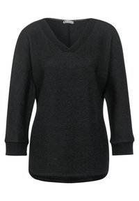 Svart V-ringad tröja med trekvartslånga ärmar, mjuk textur, ribbade muddar och en lätt rundad nederkant. Hållbart tyg med en avslappnad design.