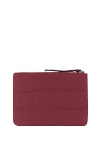 Pochette bordeaux realizzata in morbido tessuto, con chiusura a zip nella parte superiore e accenti cuciti orizzontali sulla parte anteriore. Forma rettangolare.