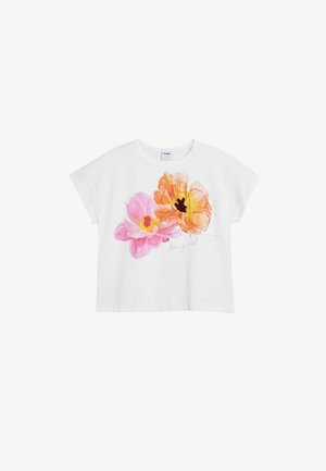 Wit katoenen T-shirt met korte mouwen, voorzien van roze en oranje bloemmotieven en een klein zakje. De tekst "be original" staat in roze cursief geschreven.