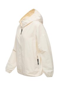Lett hettejakke i kremfarge, med hel glidelås, elastiske mansjetter og to glidelåslommer på siden. Strukturert stoff med minimal merking.