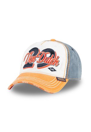 Casquette de baseball avec l'avant blanc, les panneaux latéraux gris et la visière orange. Présente "Von Dutch" et "22" en broderie en relief. Tissu texturé.