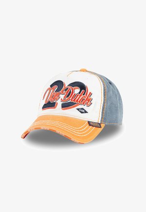 Casquette de baseball avec l'avant blanc, les panneaux latéraux gris et la visière orange. Présente "Von Dutch" et "22" en broderie en relief. Tissu texturé.