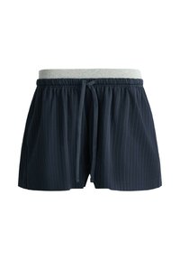 Shorts bleu marine à fines rayures avec taille élastique grise et cordon bleu marine, présentés sur fond blanc.