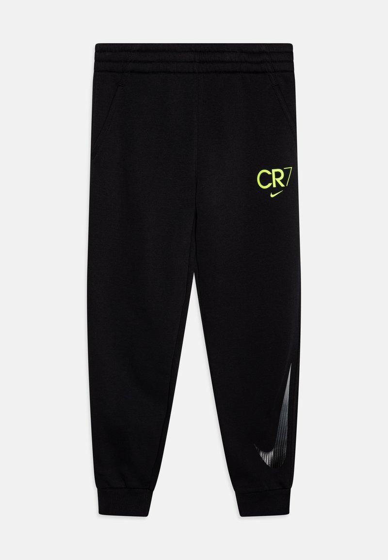 Čierne tepláky vyrobené z zmesového bavlneného materiálu, s neonovo žltým logom "CR7", bočnými vreckami a kontrastným čiernym detailom Nike Swoosh na nohaviciach.