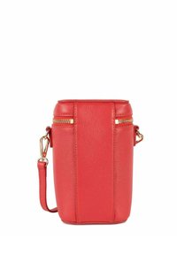 Borsa a tracolla rossa in pelle con finitura testurizzata, caratterizzata da hardware in tonalità oro e una chiusura con zip. Forma cilindrica compatta con tracolla rimovibile.