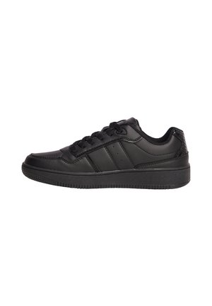 Black leather sneaker with round toe, flat sole, six pairs of eyelets, smooth surface, and three side stripes. Textured heel accent.