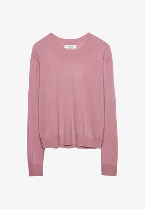 Maglione a maniche lunghe color rosa pallido, con collo a giro e polsini e orlo ribattuti, vestibilità cropped e una piccola etichetta di marca all'interno del collo.