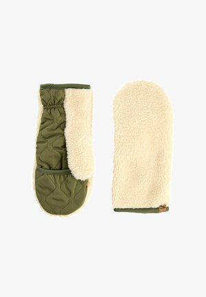 Grüne gesteppte Stoffhandschuhe, gefüttert mit cremefarbenem Kunstfell. Mit elastischem Bündchen und kleinem braunem Logo-Tag an einem Handschuh.