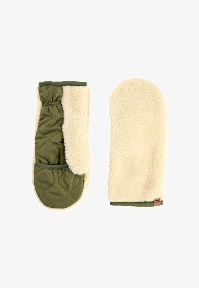 Grüne gesteppte Stoffhandschuhe, gefüttert mit cremefarbenem Kunstfell. Mit elastischem Bündchen und kleinem braunem Logo-Tag an einem Handschuh.