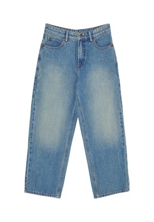 Jean en denim bleu délavé à taille haute, fermeture bouton et zip, poches avant, jambes droites.