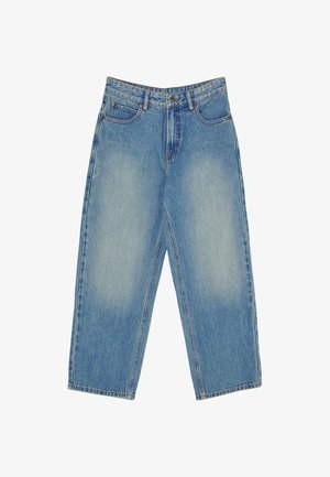 Blauwe vervaagde spijkerbroek met hoge taille, knoop- en ritsluiting, voorzakken en rechte pijpen.