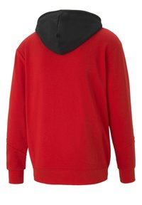 Rode sweatshirt met een zwarte capuchon, gemaakt van zachte stof. Heeft lange mouwen, geribbelde boorden en een losse pasvorm.