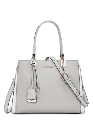 Grijze gestructureerde handtas met handvatten bovenop, afneembare verstelbare schouderriem, decoratief leren label en goudkleurige metalen accenten, met het merk "DERIMOD" aan de voorkant.