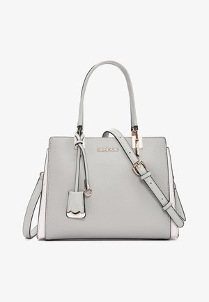 Grijze gestructureerde handtas met handvatten bovenop, afneembare verstelbare schouderriem, decoratief leren label en goudkleurige metalen accenten, met het merk "DERIMOD" aan de voorkant.