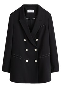 Zwarte dubbelbreasted blazer met zilveren knopen, scherpe revers en een open zak met witte stiksels. Getailleerde pasvorm, gladde textuur.