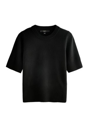 Black short-sleeve knitted sweater with ribbed cuffs and hem, crew neckline, and "NEXT" brand label inside collar.