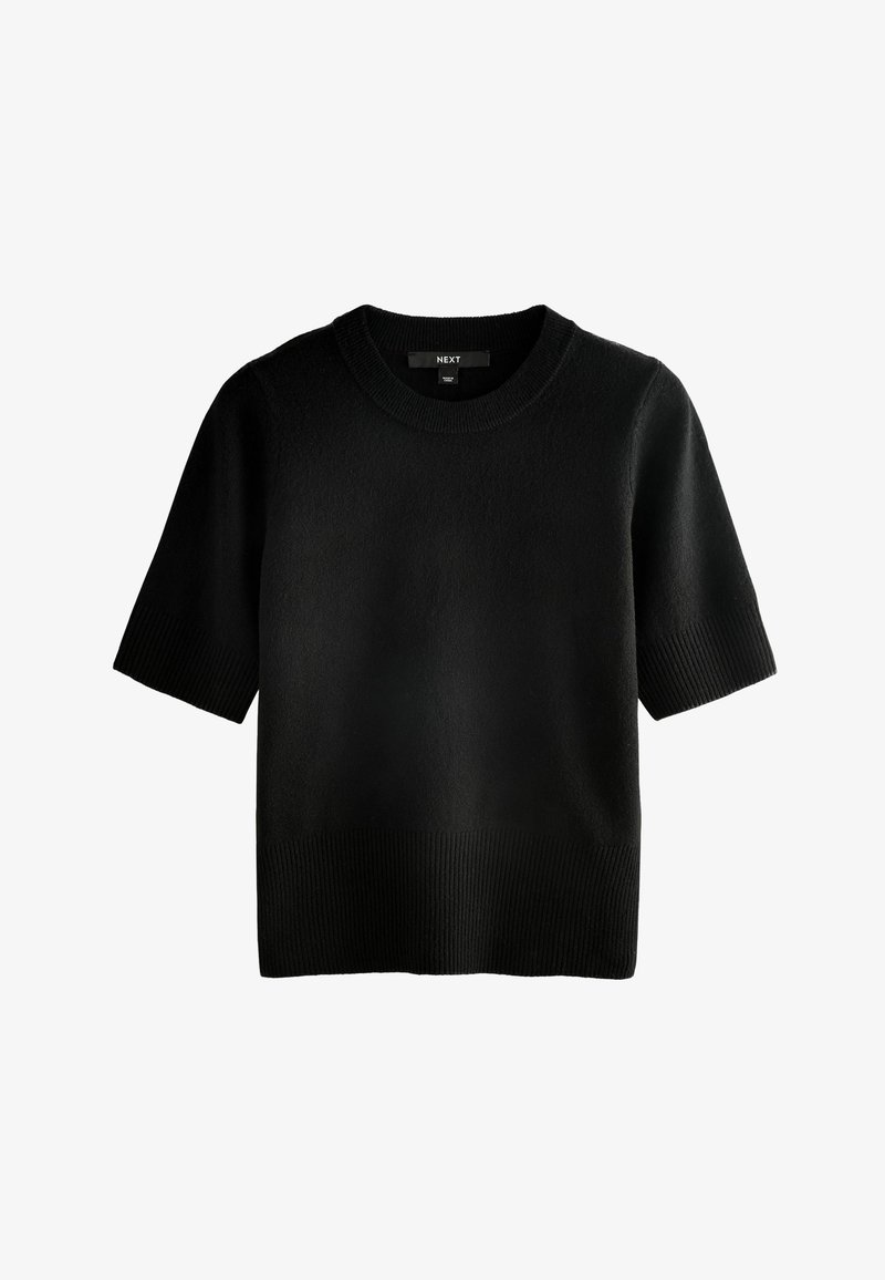 Black short-sleeve knitted sweater with ribbed cuffs and hem, crew neckline, and "NEXT" brand label inside collar.