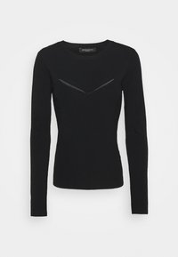 Schwarzer Langarmpullover aus strukturiertem Material mit Rundhalsausschnitt und markantem V-förmigen Ausschnitt vorne.