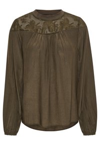Blouse olive verte à manches longues avec un devant plissé et une broderie florale complexe sur un empiècement transparent. Tissu doux et texturé avec un col arrondi.